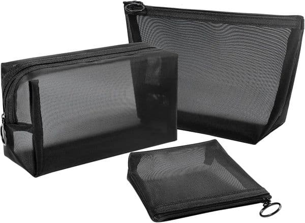 Aosbos 3-Pack Mesh Cosmetic Bag Set - Travel/On-The-Go Makeup Storage Zipper Closure Small Pouch 260522