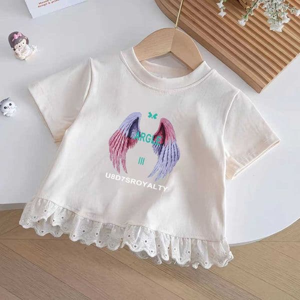 Girls lightweight breathable round-neck casual printed short-sleeve summer top with mesh lace hem design for older children L260521GHZI