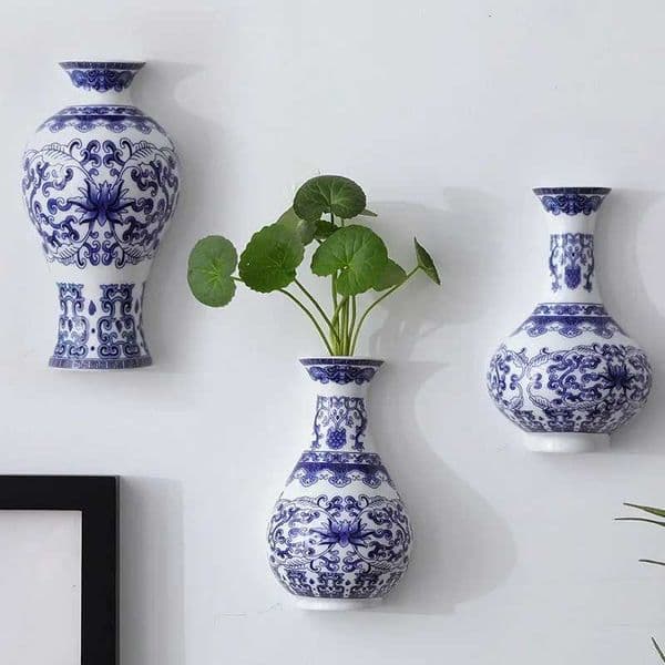 Ceramic vase antique blue and white porcelain flower container lucky bamboo living room and home decoration wall hanging L260521