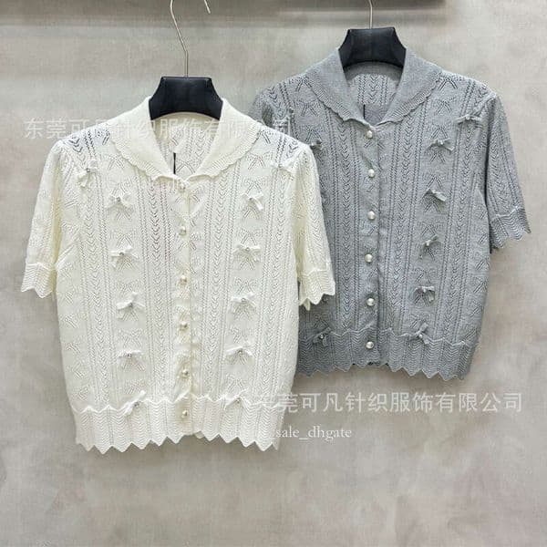 Designer L Turn-Down Collar Knitted Women's With Bow, Versatile And Elegant Ribbed Hollow-Out Short-Sleeve Top 2931