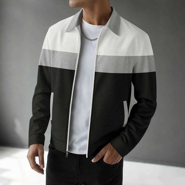 Mens Waffle Knit Color Block Zip Up Jacket - Casual Long Sleeve Turn Down Collar Bomber Jacket with Side Pockets L260520