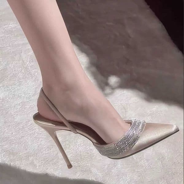 2026 Spring New Style Pointed Toe Purple Thin Heel High Heel Shallow Mouth Rhinestone Strap Satin Mules for Women X260522