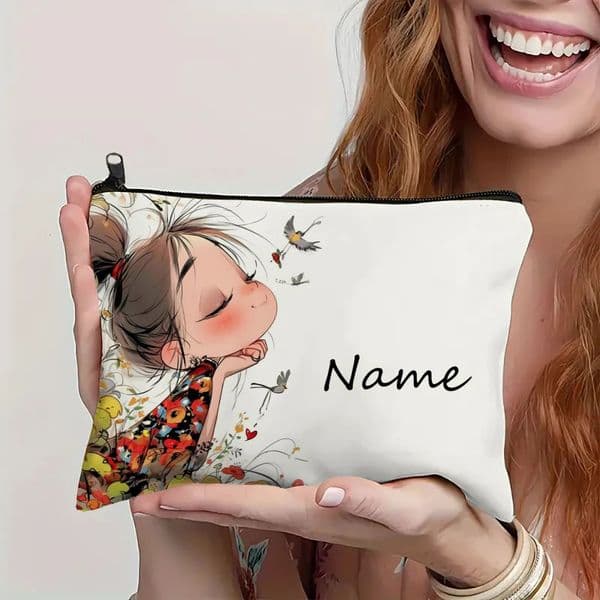 Custom Name Vintage Cute Girl Pattern Makeup Bag Handbag Toiletry Bag Pencil Case Holiday Gift Cosmetic Bag 260522