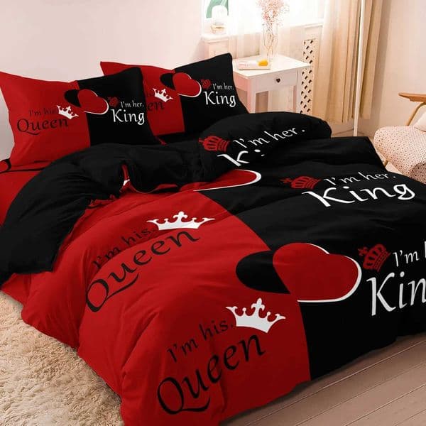 3pcs Red Black Duvet Cover Bedding Set With Queen King Crown Featuring English Letters Design Print Perfect For Bedroom Hotel T260520
