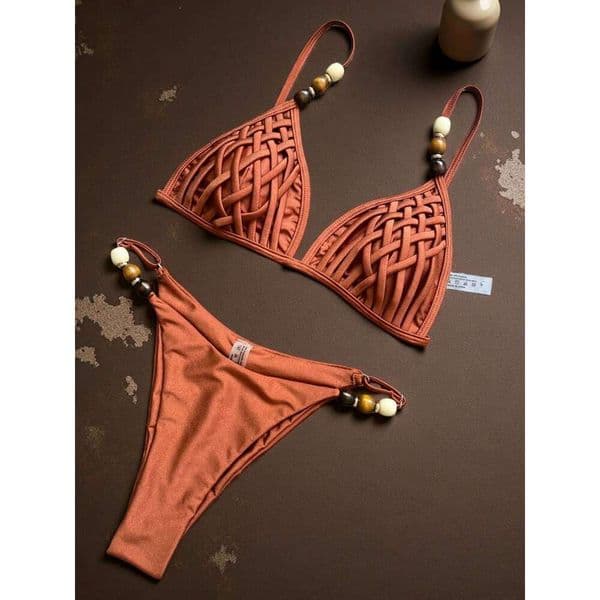 Sexy Brown Bikini Set 2026 Women Pearls Strap Hole Out Push Up Bra Thong Swimsuit Brazilian Beach Bathing Suit Micro Swimwear 26L0523