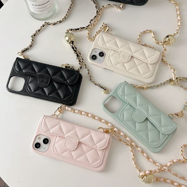 Minimalist Caviar Case for Apple 17 Pro Max with Card Slot, iPhone 16 Crossbody Chain, Luxury 12, 11