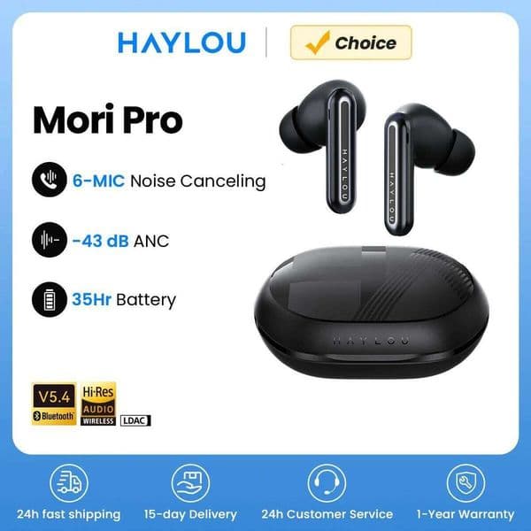 HAYLOU Mori Pro BT 5.4 Earphones Wireless 43dB Adaptive Hybrid ANC Hi-Res LDAC Earbuds 6 Mic Headphones 28H Battery Life 26Y0523