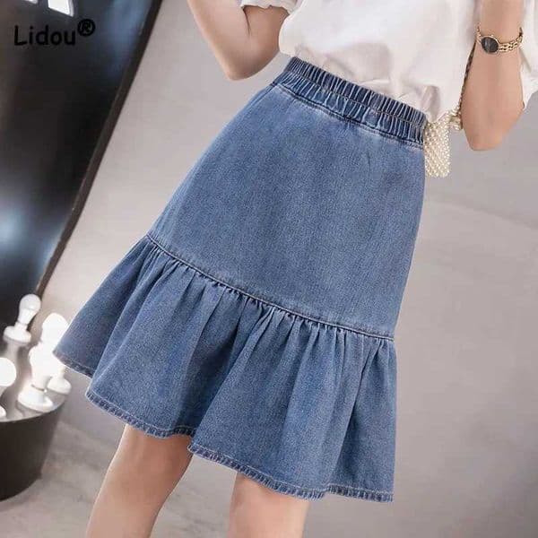 Womens Clothing Fashionable Elastic High Waist Denim Skirt 2023 Summer Korean Casual A-Line All-match Spliced Skirt Female M260522
