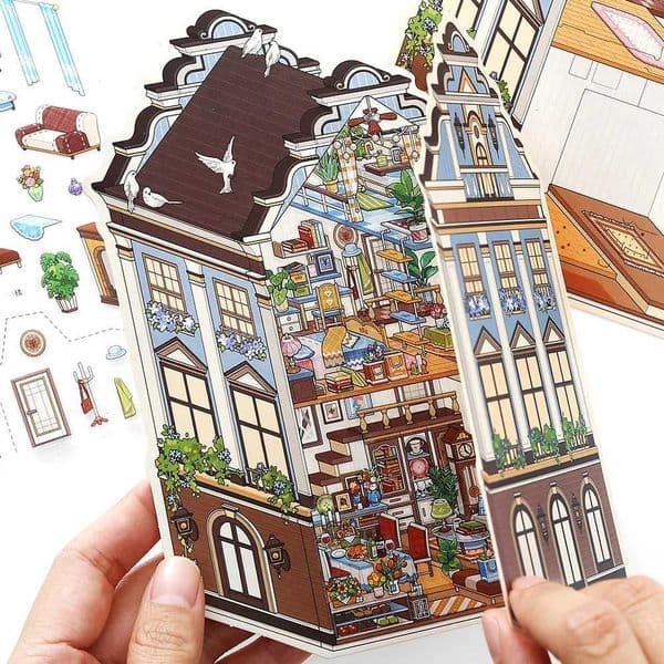 Kawaii precious scroll 3D Flower Pavilion Landscape Sticker DIY Pocket Cabin Scene festival gift M260522