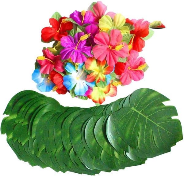54PCS Artificial Hibiscus Flowers Tropical Plant Leaves Party Set for Hawaiian Party BBQ Party Jungle Beach Theme Table Decor L260522