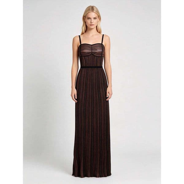 French Retro Burgundy & Black Striped Knit Slip Dress, Fitted Metallic Thread Evening Gown Split Hem Fashion