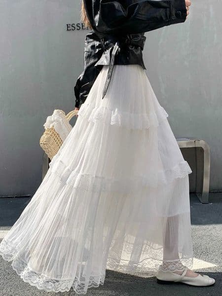 Retro Sweet White Long Skirt Women Casual Loose High Waist Elegant Skirt Vintage Lace Patchwork Korean Summer Long Skirts M260523