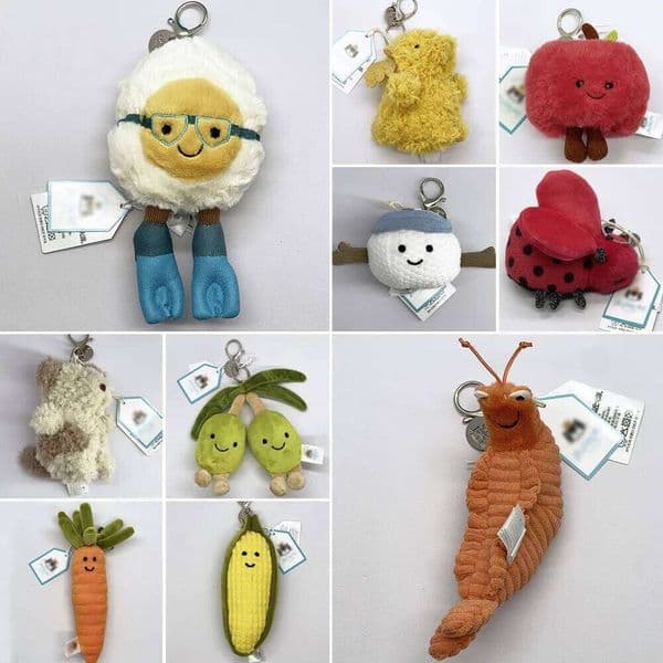 Diving Egg Mantis Shrimp Keychain, Carrot Toy, , Corn, and Plush Beetle JC Bag Charms 26L0523
