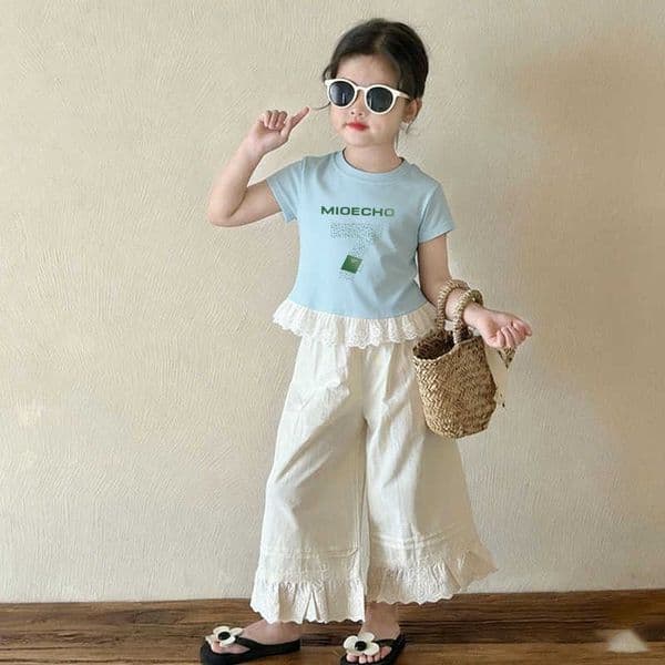 2026 Lightweight and Breathable Cartoon Print Short Sleeve Cute Sweet Fashionable Lace Trim Top for Girls L260521037T