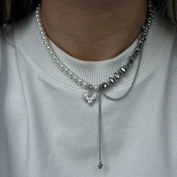 New Irregular Choker Vintage Tassels Zircon Heart Pendant Necklace For Women Female White Imitation Pearl Chain Valentines Gift L260523