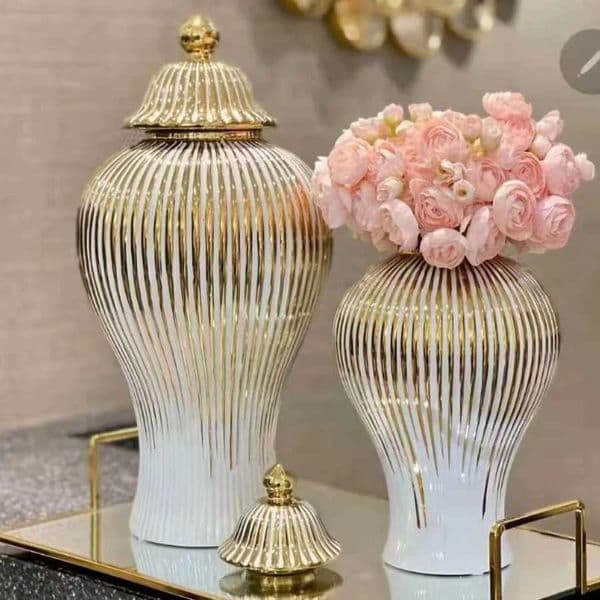 Ceramic Ginger Jar Golden Stripes Decorative General Jar Vase Porcelain Storage Tank with Lid Handicraft Home Decoration Vases L260521