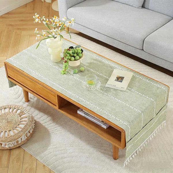 Linen Coffee Table Cloth Coffee Table Cover with Pockets and Tassel Jacquard for Living Room Easy Care Machine Washable L260521