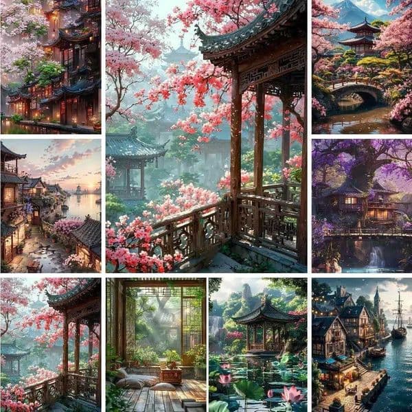 1pc frameless 30x40cm Unframe Diy Painting By Numbers Chinese Building Diy Paint By Numbers On Canvas Home Decor Landscape Digit M26023