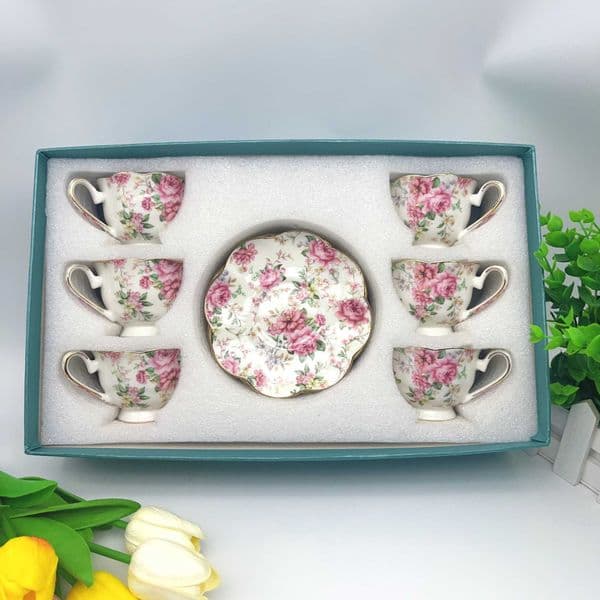 Pink Floral Espresso Cup and Saucer Set with Lace Rim Italian English Style 90ml 6 Sets with Gift Box T260520