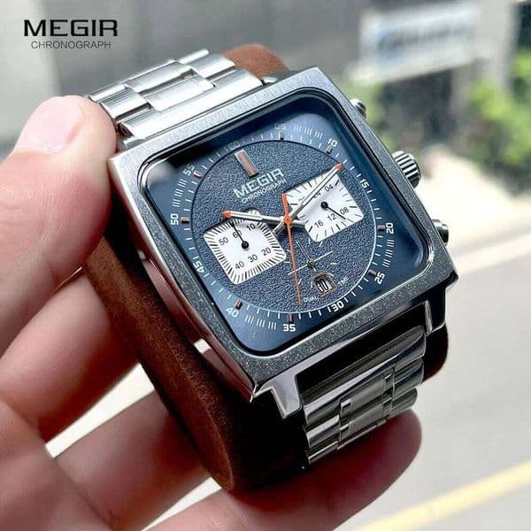 MEGIR Sport Quartz Watch Men Silver Blue Chronograph Dress Wristwatch with Stainless Steel Band Auto Date Luminous Hands 24-hour 26Y0523