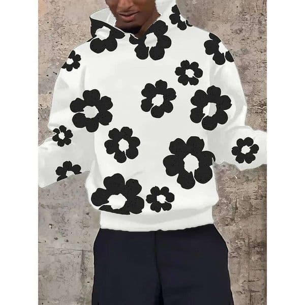 Men'S Casual Black Hoodie with White Floral Print Trendy Long Sleeve Pullover Regular Fit Slight Stretch Fabric Y2K Streetwear 26L0523