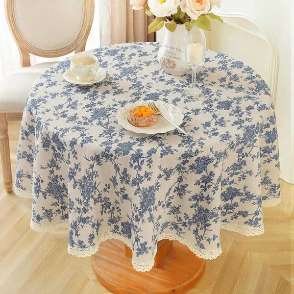Pastoral Round Tablecloth Vintage Cotton Linen Washable Table Cloth Blue Flower Table Cover for Patio Table Dining Room Decor L260521