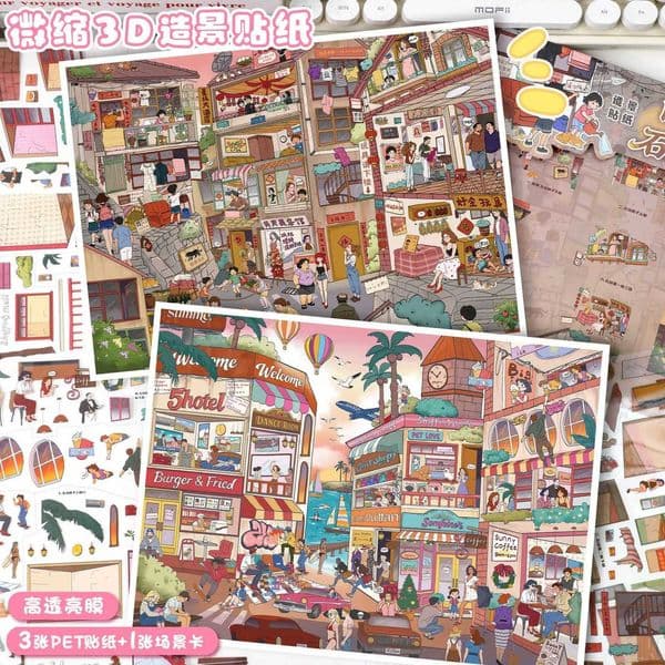 Kawaii Trendy Town 3D Seaside Time Landscape Sticker DIY Pocket Cabin Scene festival gift M260522
