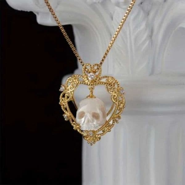 Bohemian Neutral Skull Heart Necklace Set with Zircon and Imitation Pearl Pendant Suitable for Daily Party Jewelry Gifts L260523