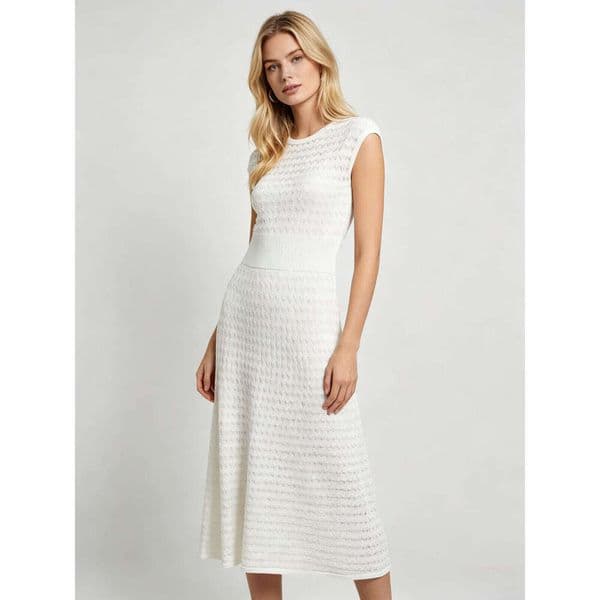 Women's White Knit Maxi Dress Cap Sleeve Chevron Pattern Hollow Out Long Dress Romantic Gentle Style