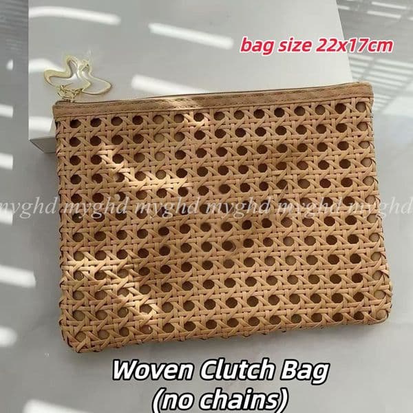 Woven Rattan Clutch Bag 22x17cm Hollow Out Straw Design Zipper Pouch for Summer Beach & Travel 35250