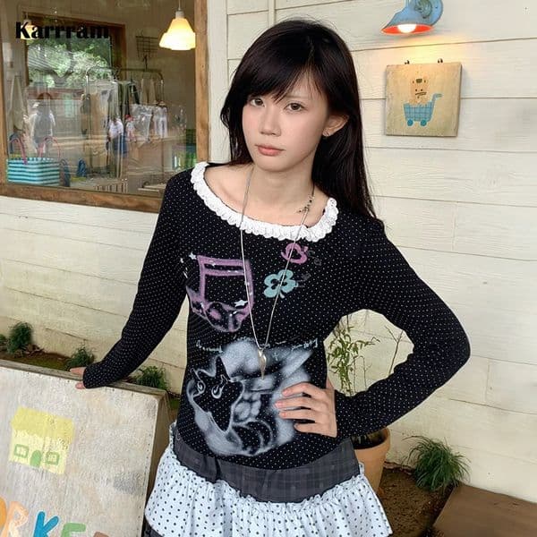Karrram Japanese Y2k Anime Prin T-shirt 2000s Style Long Sleeve Polka Dot T Shirt Vintage Harajuku Lace Patchwork Tops Cutrecore 260521