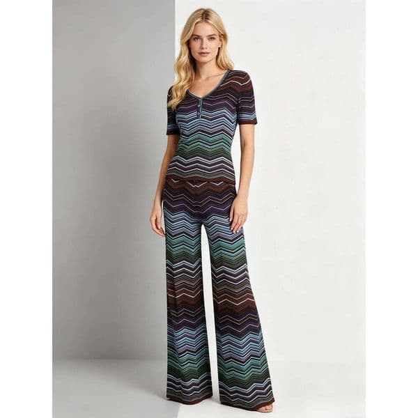 Women's 2 Piece Knit Set Chevron Striped V-Neck Top + Wide Leg Pants A5 High Waist Chiffon