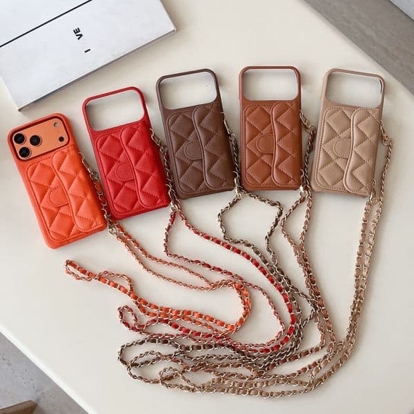 Chic style lychee pattern card slot case iPhone 17 with crossbody strap, suitable for 15/16/17 Pro Max, three guarantees included