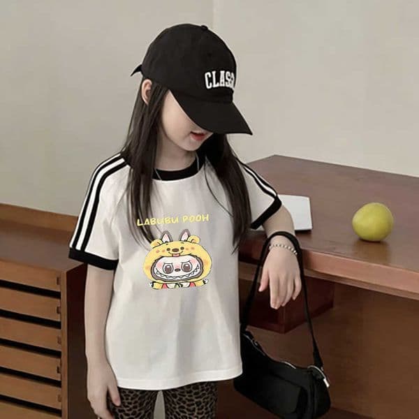 Labubu girls printed three-bar trendy sports top fashionable summer new short-sleeve T-shirt versatile cartoon top L260521QIVZ
