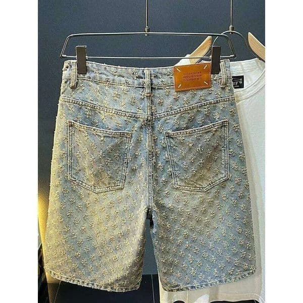 American Y2K Light Luxury Quality Retro Shorts Summer Hip Hop INS Men Loose Shave Jacquard Couple Denim Five Point Pants 26Y0523