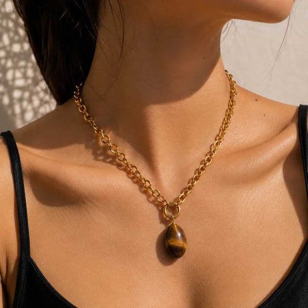 Fashion Multicolour Oval Natural Stone Pendant Stainless Steel Necklace Earrings for Women 18K Gold Plated Jewelry Trendy Gift Q260523