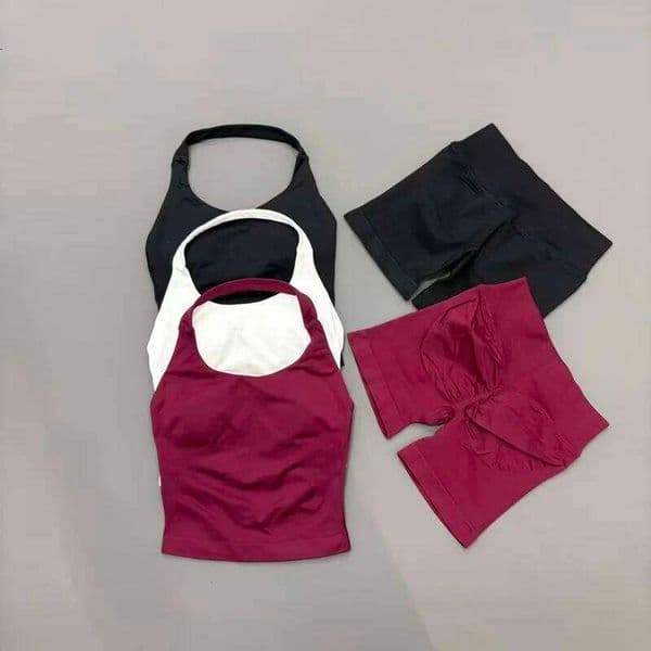 2 Piece Sets Women Seamless Yoga Workout Halter Tank Top Set Butt Lifting Shorts Gym Fitness Running Sports Suit 26L0523