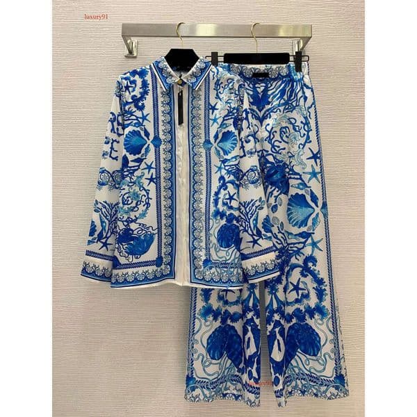 2025 Designer Womens Luxury Style Starfish And Conch Shell Print European American Fashion Two Piece Suit Loose Long Sleeve Shirt Fashionable Wide Leg Pants