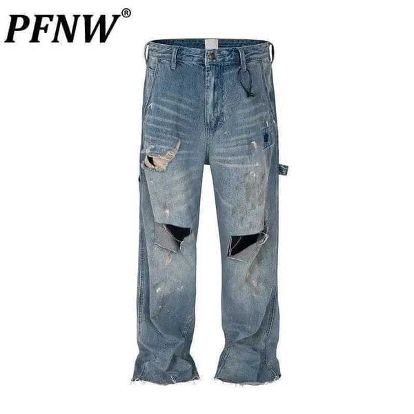 PFNW Hold Cut Distressed Design Womens Jeans 2025 New Causal Loose American High Street Denim Long Pants Casual Trousers 28W66 L260523