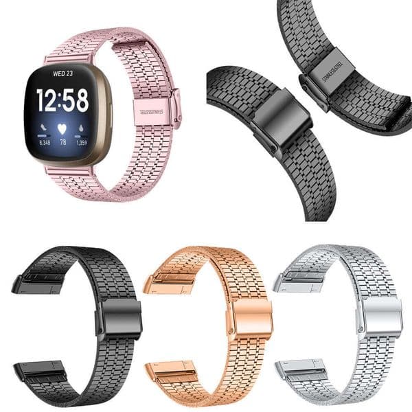 for Fitbit Versa 3 watch stainless steel seven-bead strap, Sense metal double safety buckle strap