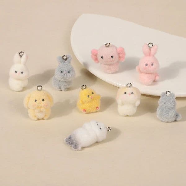 5Pcs 3D Flocking Resin Charms Cute Sea Otter Yellow Chicken Rabbit Animal Pendant for Earrings Keychain Making DIY Jewelry Gifts 260515