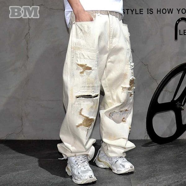 American Vintage Distressed Ripped Patched Jeans Men Premium Quality Loose Fit Straight Leg Stacked Hem Plus Size Hip Hop Trendy L260523