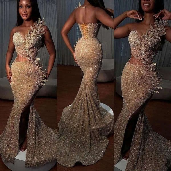 Mermaid Prom Dresses Sparkle Sequins Illusion Bodice Beaded Applique High Split Custom Made Pleats Evening Gowns Formal Ocn Wear Vestidos Plus Size BC18821