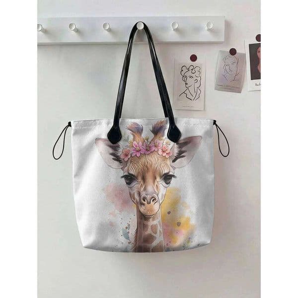 Giraffe printed handbag for women, large capacity leather handle shopping bag, casual shoulder bag