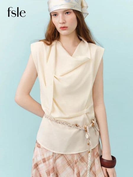 Women's Blouses FSLE 2026 Summer Wool Blend Cowl Neck Sleeveless Top With Draped Tie - Elegant Sophisticated For Office And Evening Wear