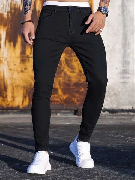 Mens Slim Fit Stretch Black Jeans - Casual Streetwear Tapered Trousers with Elastic Waist Skinny Legs for Daily Wear M260525