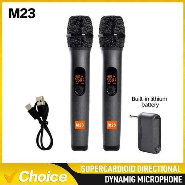 M23 UHF 2 Channel Wireless Microphone System with Rechargeable Receiver Cordless Handheld Mic for Karaoke Church Party DJ T260525