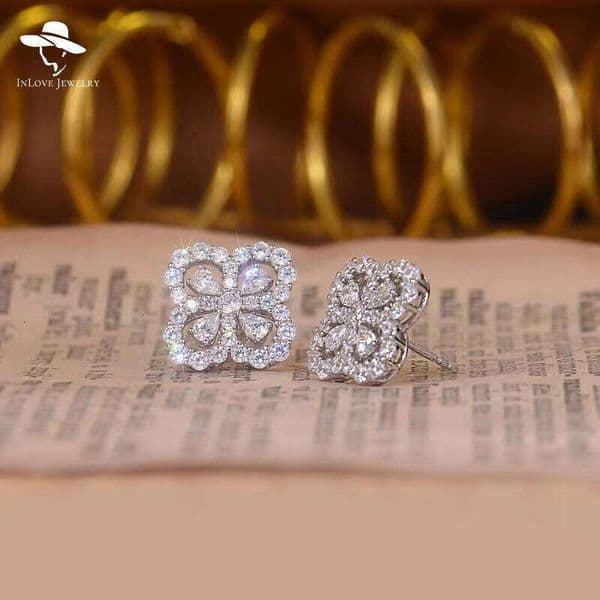 VVS Moissanite Design VVS1 Clover 925 Silver Pear Cut Silicon Stone Earrings