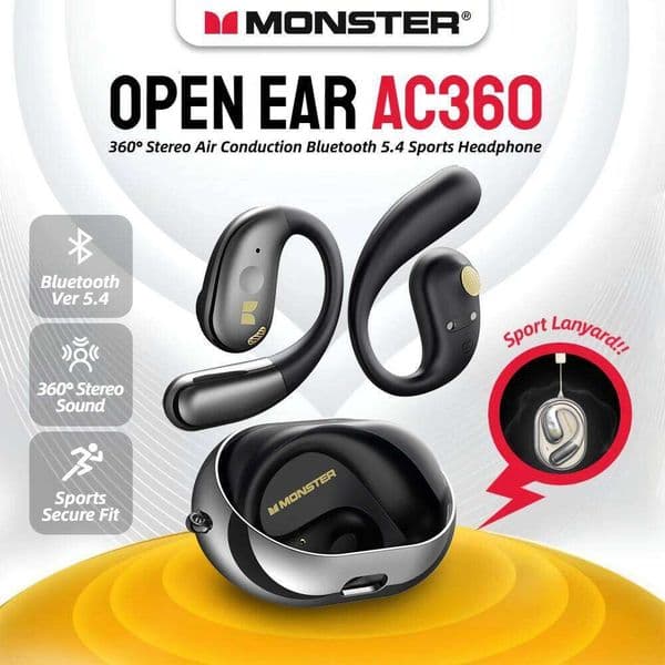 Monster Open Ear AC360 Air Conduction Headphone BT 5.4 Ture Earphones 360 Stereo OWS Wireless Sports Headset 26L0525