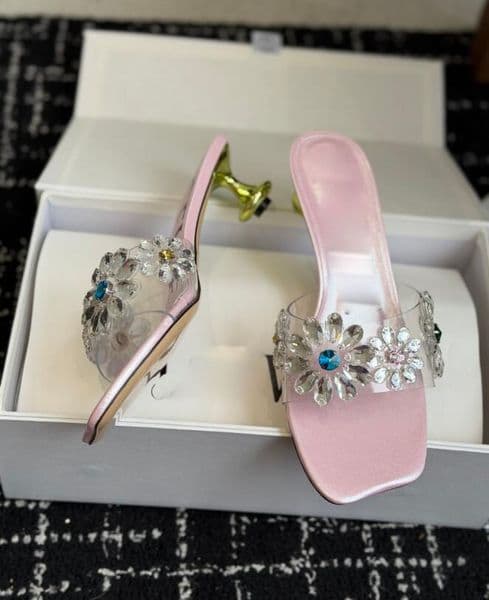 Designer Summer Love Crystal Flowers style sandal PVC Mules Heel Shoes Women Party Wedding Dress Walking with box EU35-43 Original Box